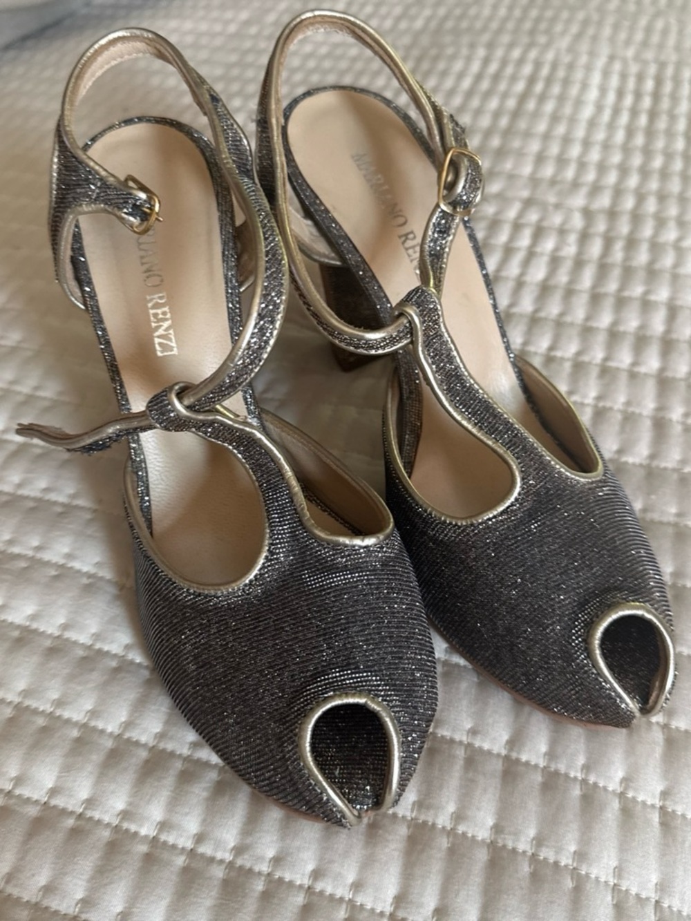 Metallic Black T-Strap Peep-Toe Heels